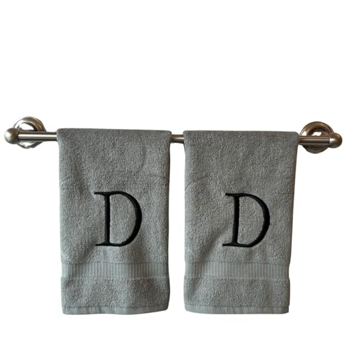 Gray with Black Monogrammed Hand Towels for Bathroom - Set of 2 Letter D - Luxury Hotel Quality Initial Towels For Powder Room, Spa, GOTS Organic Certified