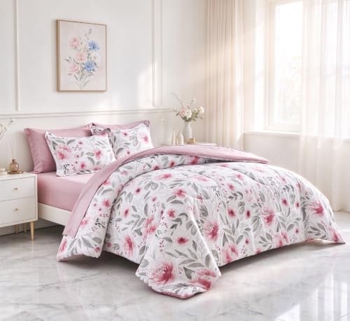 Flysheep Floral Bed in a Bag King Size 7 Pieces, Blush Pink and Grey Elegant Flowers Comforter Bedding Set for All Season (1 Comforter, 1 Flat Sheet, 1 Fitted Sheet, 2 Pillow Shams and 2 Pillowcases)