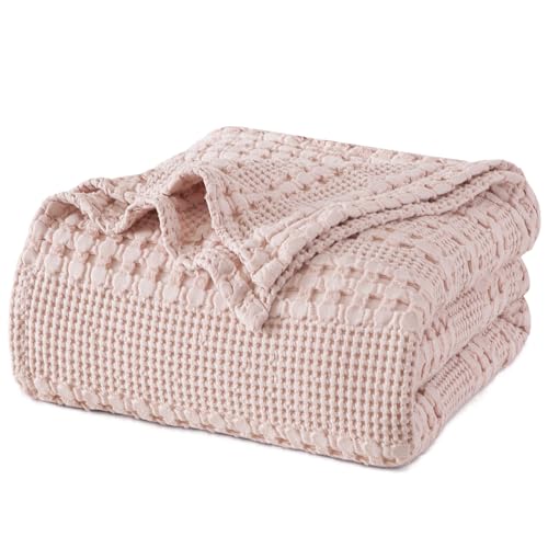 "PHF 100% Cotton Waffle Weave Blanket King Size for Bed, Soft Lightweight & Breathable, All-Season Comfort, Luxury Aesthetic Christmas Blanket for Home Decor, 108""x90"", Pink/Mauve"