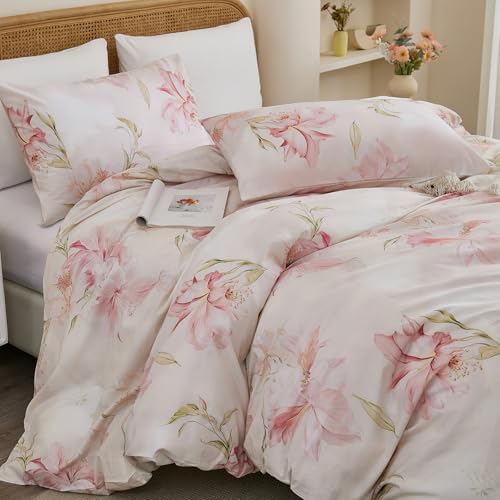 Cozaline 100% Cotton Duvet Cover Queen Size ??? Elegant Blush Lily Pink Floral Duvet Cover Set with Zipper Closure, 3-Piece Soft Breathable Natural Cotton Bedding Set for All Seasons