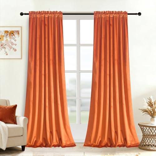 Roslynwood Velvet Red Orange Curtains - Soft Luxury Thermal Insulated, Rod Pocket, Living Room, Set of 2 Panels, W52 x L84