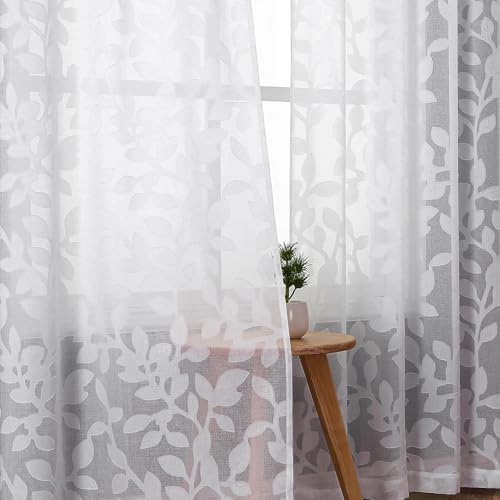 OVZME White Sheer Curtains 84 inches Long 2 Panels for Living Room, Jacquard Clip Leaf Pattern Textured Light Filtering Window Semi Sheer Voile Drapes for Bedroom, Each Panel 42 x 84 Inch