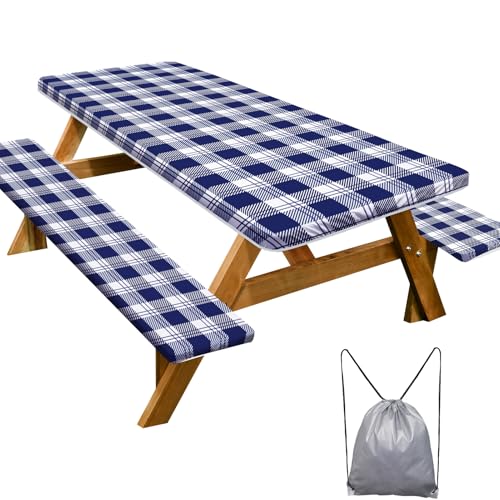 Play Tailor Picnic Table Cover Bench Covers Camping Essentials Tablecloth - Waterproof Vinyl for Outdoor, Windproof Elastic Fitted Edges, RV BBQ Accessories Must Haves, Storage Bag Included