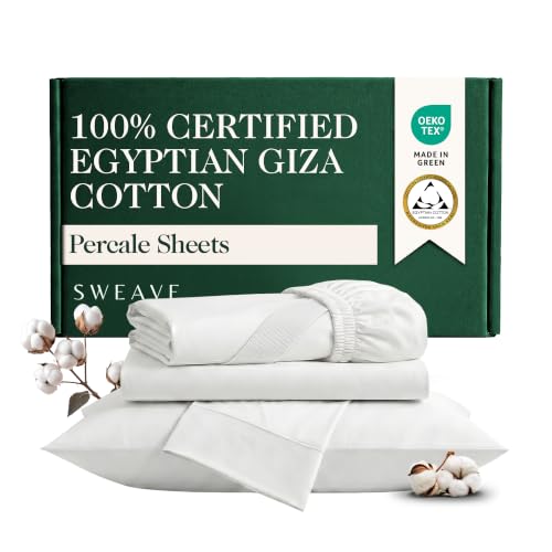 Sweave 100% Certified Giza Egyptian Cotton Percale King Sheet - 4Pcs, White - Genuine 400 Thread Count - Naturally Crisp, Breathable & Cooling Sheets - Softer After Each Wash - Oeko-TEX Certified