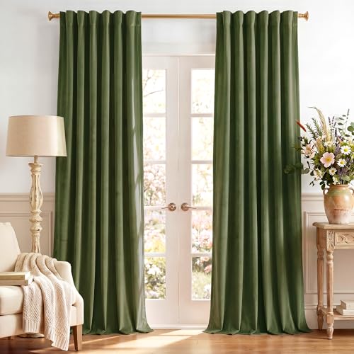 StangH Moss Green Velvet Curtains 132 inches Long High Ceiling Tall Curtains Back Tab Thermal Insulated Door Drapes for Living Dining Room Christmas Decor, W52 x L132, 2 Panels