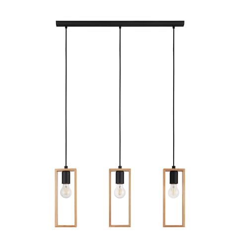 Eglo 3-Light Pendant Lighting Littleton, Vintage Retro Style, Wooden Hanging lamp, Black Steel and Natural Wood, E27 Socket, FSC Certified