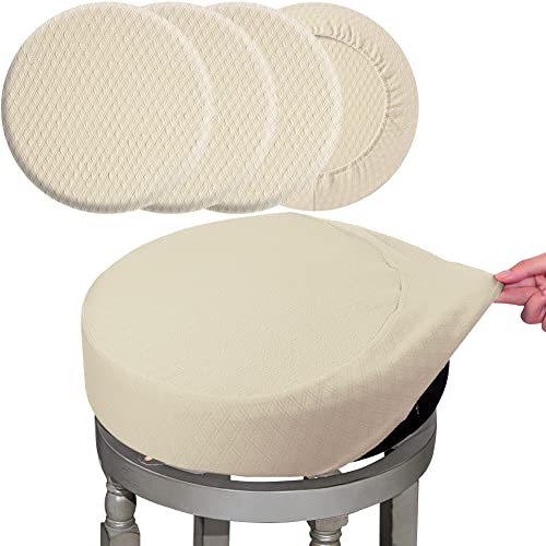 BUYUE 4 Pieces Bar Stool Covers, Luxury Woven with Diameter 16-18 Inches Round Elastic Wrinkle Resistant Washable Jacquard Dustproof Set of 4, L-Beige