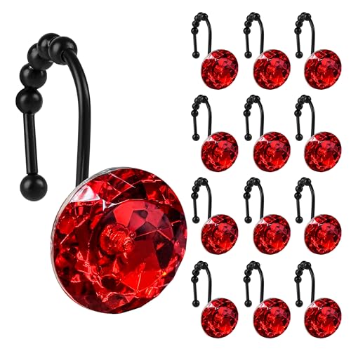 Sunlit Luxury Design Round Red Diamond Crystal Gem Bling with Glide Balls Shower Curtain Hooks, Rust Proof Metal Rhinestones Glam Shower Curtain Rings with Black Hooks, Set of 12