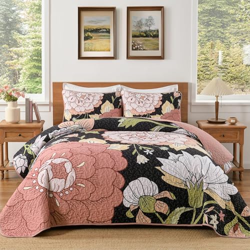 DJY Black Quilt Set Queen Size 3 Pieces Floral Boho Bedspread Coverlet Set, Soft Microfiber Black Pink Farmhouse Floral Quilted Bedding Set Reversible Bed Cover for All Season, 96''x90''