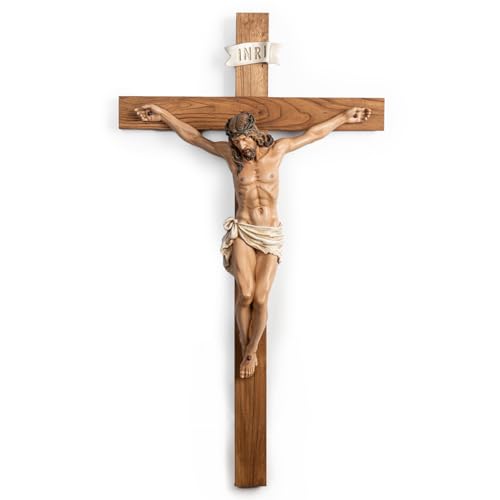 "BC Catholic Large Crucifix Wall Cross, 37.8""H Jesus Christ Inspirtional Cross for Church School and Hospital, Devout Gift for Big Space, Wood Cross and Resin Corpus of Our Lord Statue, Renaissance"