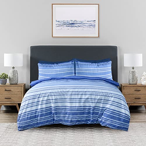 Sleepdown Textured Stripe Navy Blue White Soft Easy Care Cosy Reversible Duvet Cover Quilt Bedding Set with Pillowcases - Super King (260cm x 220cm)