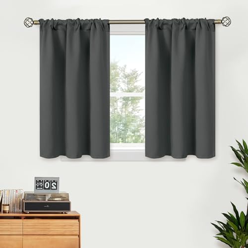 BGment Dark Grey Curtains 36 Inch Length for Kitchen Cafe Window - Small Blackout Drapes Half Window with Rod Pocket for Bathroom RV, 2 Panels, 34 x 36 Inch