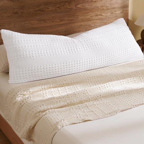 "PHF 100% Cotton Waffle Body Pillowcase with Zipper, 1 Pack 20"" x 54"" Soft Skin-Friendly Pillow Sham, No Filling, Aesthetic Woven and Breathable Waffle Weave Body Pillow Cover for Bed, White"