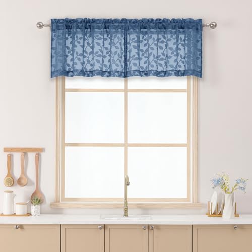 "Chyhomenyc Dusty Blue Sheer Valances for Windows 14 Inch Length 2 Pcs, Light Filtering Leaf Textured Cafe Short Kitchen Curtains, Top Small Curtain for Living Room Bedroom Basement, 42"" W x 14"" L"