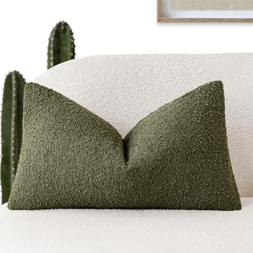 Foindtower Decorative Textured Boucle Throw Pillow Covers Accent Solid Lumbar Pillow Cases Neutral Soft Cozy Couch Cushion Case for Chair Sofa Bedroom Living Room Home Decor 12x20 Inch,1PC,Moss Green