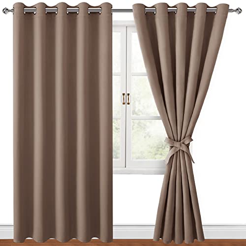 Hiasan Blackout Curtains for Bedroom, 60 x 84 Inches Long - Thermal Insulated & Light Blocking Window Curtains for Living Room/Kids Room, 2 Drape Panels Sewn with Tiebacks, Khaki