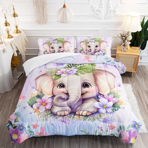 XYNHML Elephant Flowers Comforter 3pcs Queen Wild Animals Pink Purple Kawaii Butterfly Bedding Kids Comforter Set for Boys Girls Cute Pattern Quilt Bed Set with 1 Comforter and 2 Pillowcases