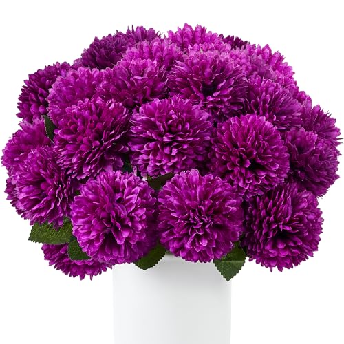 SITUMEIZI 12 Pcs Purple Flowers Artificial Chrysanthemums Ball Flower Fake Mums Silk for Wedding Home Kitchen Decoration Floral Arrangement