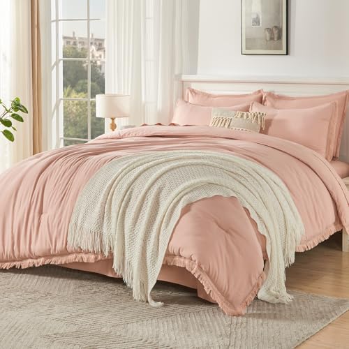 Andency King Comforter Set, 7 Pieces Pink Bedding - Boho Bed in a Bag, Soft Lightweight, Fringe Bed Set with Comforter(104x90), Sheets, Pillowcases & Shams