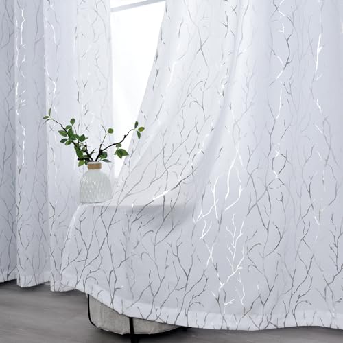 Kotile Silver Tree Branch Curtains 63 Inch Length, Metallic Shimmer White Curtains for Bedroom, Grommet Top Privacy Semi-Sheer, 52 x 63 Inch, 2 Panels