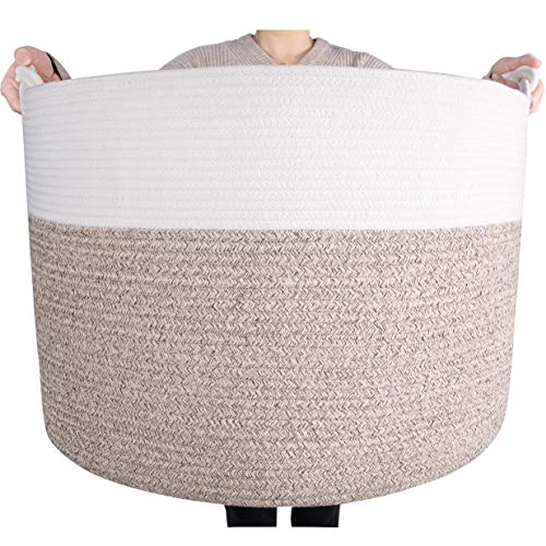 MINTWOOD Design Extra Large 22 x 16in Decorative Woven Cotton Rope Blanket Storage Basket Bin Living Room with Handles and Laundry Hamper for Pillows, Pool Towels, Dog Toys, Shoes, Light Brown
