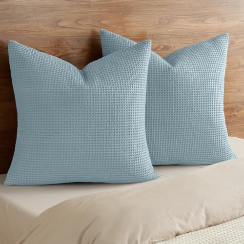 "PHF 100% Cotton Waffle Weave Throw Pillow Cover, 24"" x 24"", No Filling, 2 Pack Elegant Home Decorative Square Throw Pillow Covers for Bed Couch Sofa, Dusty Blue"