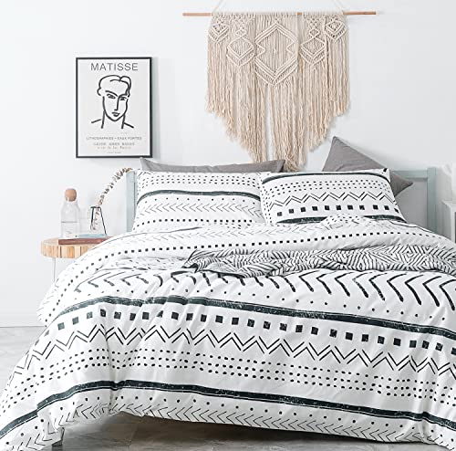 SUSYBAO King 3-Piece Boho Aztec Duvet Cover Set, 100% Cotton, Black & White, Polka Dots, Zipper Ties