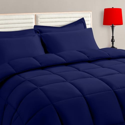 TAIMIT Navy Full Size Comforter Set - 7 Pieces, Bed in a Bag Bedding Sets with All Season Soft Quilted Warm Fluffy Reversible Comforter,Flat Sheet,Fitted Sheet,2 Pillow Shams,2 Pillowcases