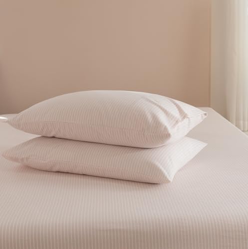 JIYUAN 100% Washed Cotton Striped Pillowcases Set Envelope Closure Pack of 2, Linen Like Comfy and Breathable Textured Durable Bedding for All Seasons, King Size,Pinstripes-Greyish Pink White