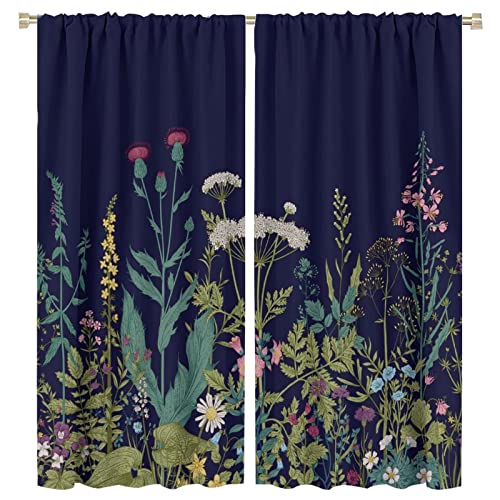 GoDazzling Wildflower Blackout Windows Curtains, Retro Botanical Floral Rustic Flower Herb Print Pattern Rod Pocket Curtains, for Bedroom Living Room 63x72in 2 Panels