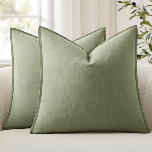 ANRODUO Pack of 2 Decorative Linen Pillow Covers Sage Green Euro Sham Neutral Farmhouse Boho Soild Cushion Case Soft Accent Pillowcase for Couch Sofa Bedroom Living Room Spring Home Decor 22 x 22 Inch