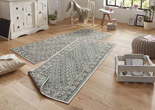 NORTHRUGS Outdoor Rug, Curacao Reversible Rug Weatherproof, Modern Graphic Pattern Runner for Balcony, Patio, Garden, Conservatory, Living Room Rug, Waterproof, Polypropylene, Green Cream, 80 x 250 cm