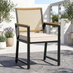 Clevich Rattan Garden Chair, Weatherproof Outdoor Chair with 7 cm Removable Cushion, PE Rattan Backrest, Rust-Proof Metal Frame & WPC Armrests, Dining Chair for Patio Balcony (Beige)