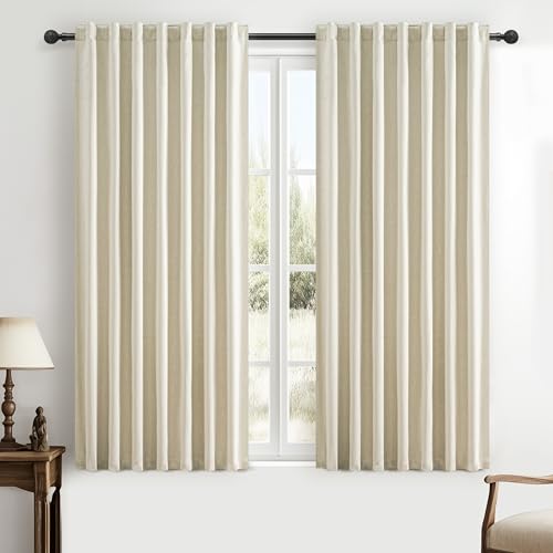 "QJmydeco Warm Cream Thick Linen Black Out Curtains 45 Inch Long for Living Room 2 Panels Set, Short Farmhouse Pleated Room Darkening Window Drapes Insulated Privacy for Kids Bedroom 50"" W x 45"" L"