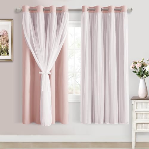 "DWCN Pink Blackout Curtains with Sheer Overlay with Tiebacks 63 Inch Long - Mix & Match Double Layer Window Panels for Living Room, Girls Bedroom, Nursery, Grommet Top, 52"" Wx63"" L, Rose Blush, 2PCS"