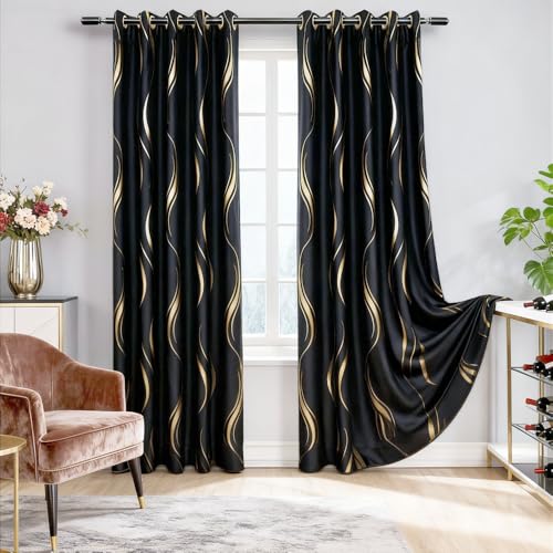 MYRU 1 Pair Luxury Wave Pattern Striped Blackout Curtains with Gold Foil Design, Grommet Top, Thermal Insulated Window Drapes(Black and Gold, 2 Panels 54 x 95 Inch)
