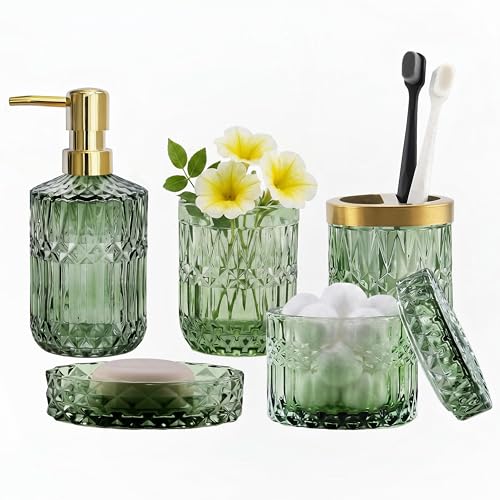 LaMarriti 5Pcs Glass Bathroom Accessories Complete Set, Lotion Dispenser, Soap Dish, Toothbrush Holder, Tumbler, Cotton Swab Jars, Modern Bathroom Decor and Gift Set, Green