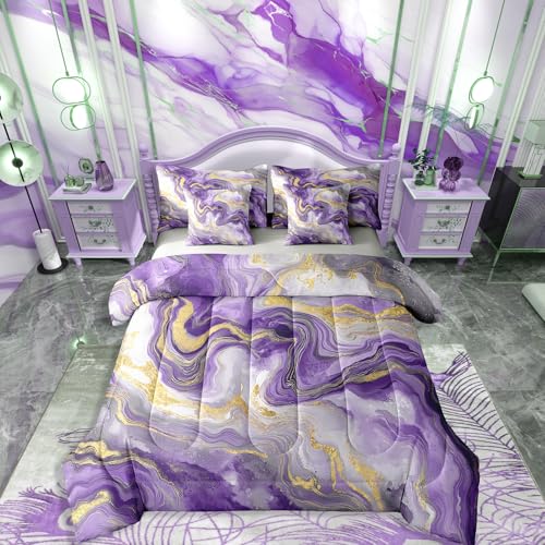Marble Vein King Size Comforter Sets with Sheets, Purple Gradient Tie Dye 7 Piece Bedding Set Minimalist Ink Fluid Art Bed in a Bag, Abstract Marble Texture Design Bed Set, Glitter Effect Is Printed