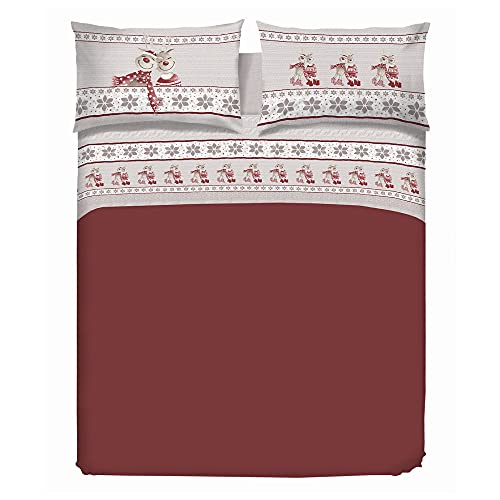 PENSIERI DELICATI Double Bed Set, Flannel, 100% Warm and Soft Cotton, Complete Bedding Set Made in Italy for Double 180 x 200 cm, Includes Bottom Sheet, Top and 2 Pillowcases, Red Reindeer Design