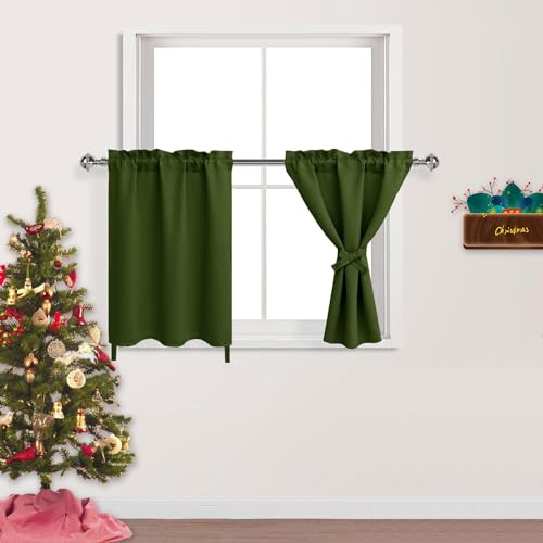 DWCN Thermal Curtains for Living Room - Noise Reducing Short Bedroom Curtains for Small Window - 30 x 36 Inches, Olive Green, 2 Pieces