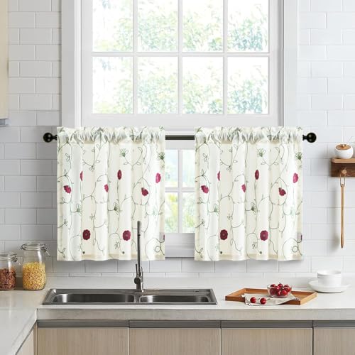 VOGOL Red Floral Embroidered Kitchen Curtains, 30 x 24 Inches, 2 Panels - Rod Pocket Top, Light Filtering, Easy to Hang, for Bathroom Windows, Living Room Windows, Small Windows