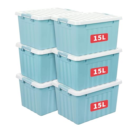 Cetomo 15L*6 Storage Boxes with Lids, Plastic Storage Box with Secure Side Latches, Stackable & Nestable Organizer for Home, Office, Moving, PP, Blue, 15L-6 Pack