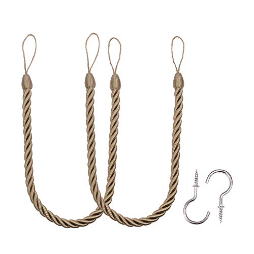 certo Curtain Ropes Tie Backs, Long Ropes with 2 Metal Screw Hooks, Set of 2 Brown