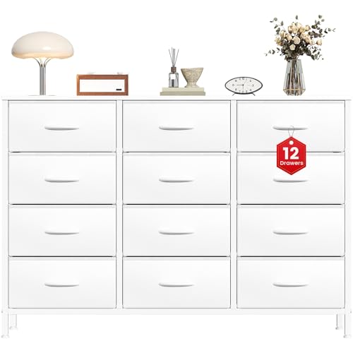 Feonase Chest of Drawers with 12 Drawers,Bedroom Drawers, Fabric Dresser with Wood Top,Drawer storage unit for for Bedroom, Living room(White)