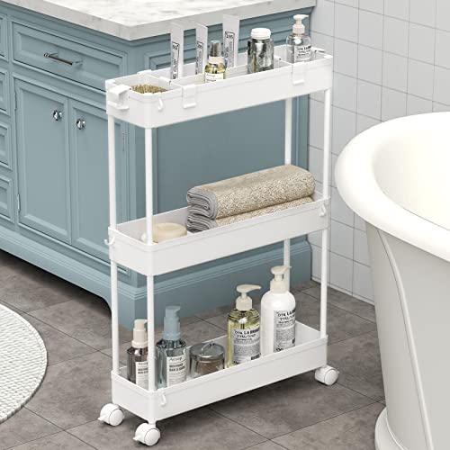 SAKA Slim Storage Cart,3 Tier Bathroom Rolling Utility Cart Storage Organizer Slide Out Cart, Mobile Shelving Unit Organizer Trolley for Office Bathroom Kitchen Laundry Room Narrow Places, White