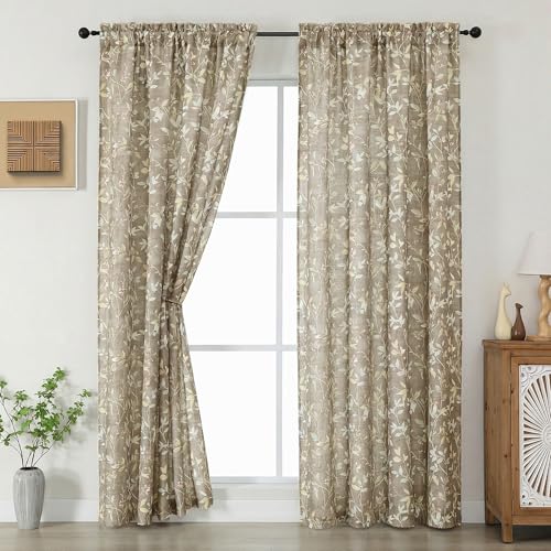 Chyhomenyc Linen Blend Window Curtains 63 Inch Length 2 Panels, Light Filtering Floral Printed Curtain Drapes for Living Room, Rod Pocket Soft Bedroom Curtain Panels, 38Wx63L Inch, Taupe
