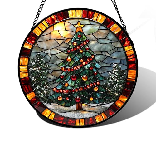 DASTOLL Stained Glass Window Hanging - Winter Christmas Tree Suncatcher Ready to Hang Window Doors Home Decoration, Christmas, Mother's Day Birthday Gifts for Women, Men, and Mom 9.8x9.8 in