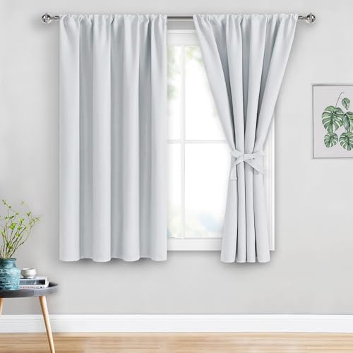 JIUZHEN Blackout Curtains for Bedroom??? Thermal Insulated,Noise Reducing Room Darkening Privacy Drapes for Living Room, Set of 2 Panels with Tiebacks, 42 x 54 inch Long,Greyish White