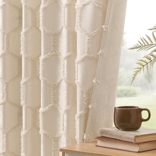 Cream Beige Geometric Curtains 84 Inches Long Back Tab Semi Sheer Fluffy Jacquard Curtains Hexagon Lattice Pattern Tufted Pom Design Rod Pocket Moroccan Tile Drapes for Living Room, 2 Panels, 52x84