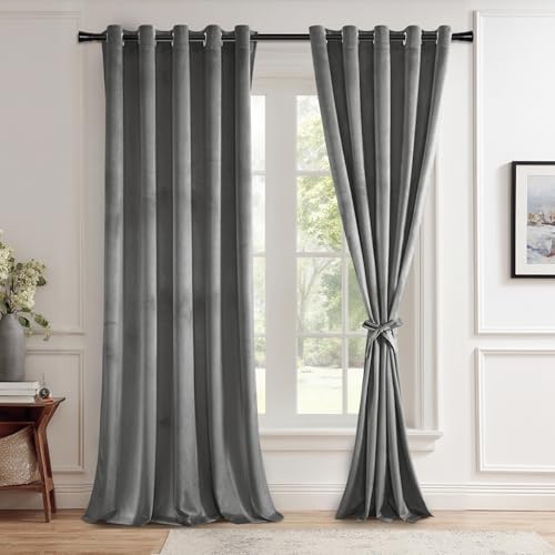JIUZHEN Grey Velvet Curtains 90 inches for Living Room - Thermal Insualted Room Darkening Grommet Thick Velvet Window Drapes for Bedroom/Dining Room, Set of 2 with Tiebacks, 60W x 90L